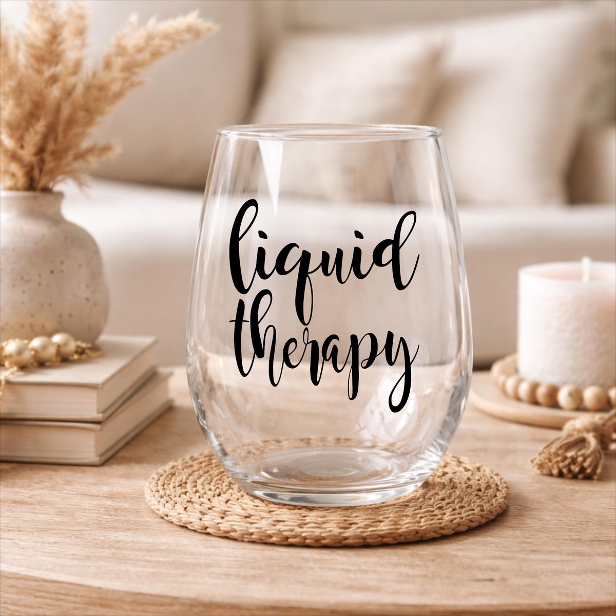 Liquid Therapy Stemless Wine Glass, Funny Hand-Lettered Drinkware