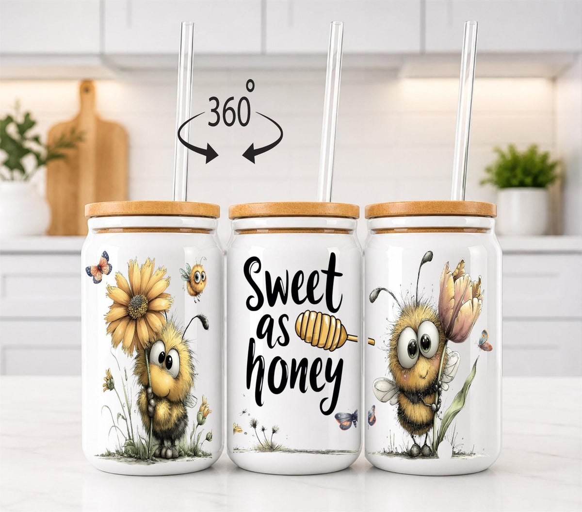Sweet as Honey Bee 16 oz Glass Can – Bamboo Lid & Glass Straw