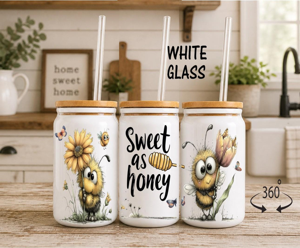 Sweet as Honey Bee 16 oz Glass Can – Bamboo Lid & Glass Straw