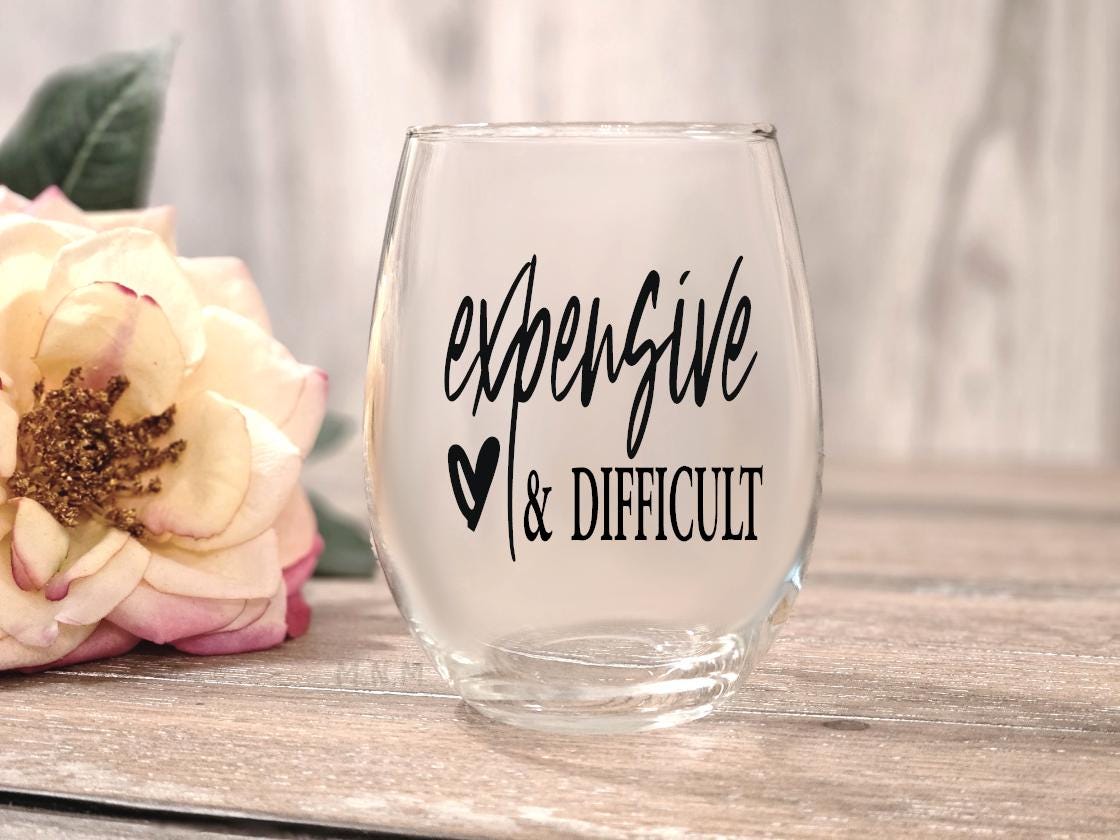 Expensive And Difficult – Stemless Wine Glass, Sarcastic Gift for Her, Wine Lover Present