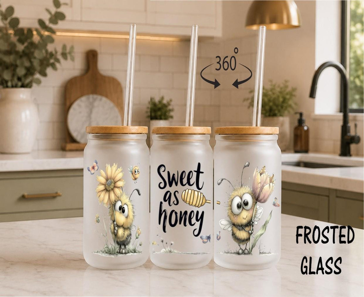 Sweet as Honey Bee 16 oz Glass Can – Bamboo Lid & Glass Straw