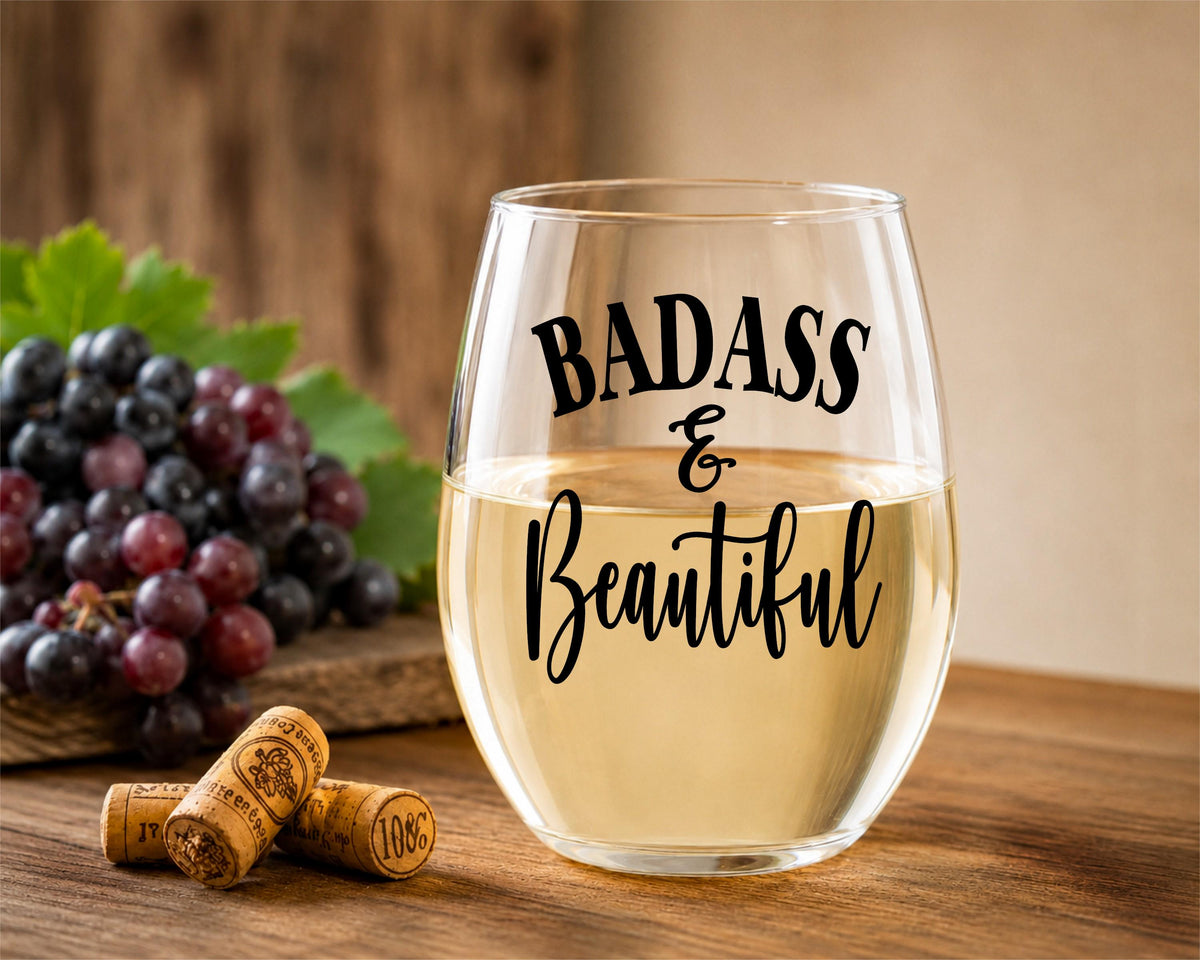 Badass & Beautiful Wine Glass – Funny Stemless Wine Glass Gift for Her