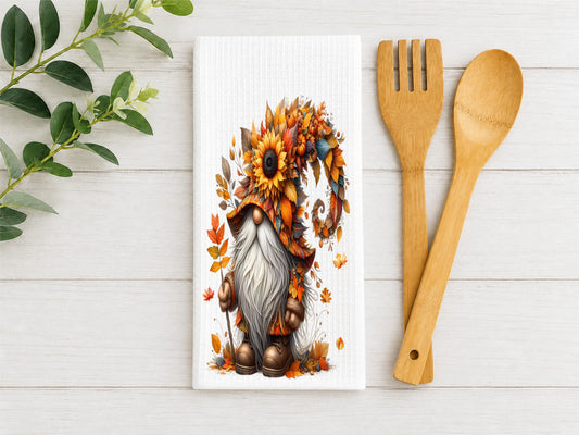 Fall Gnome Kitchen Towel: Sunflower Autumn Waffle Weave Decor