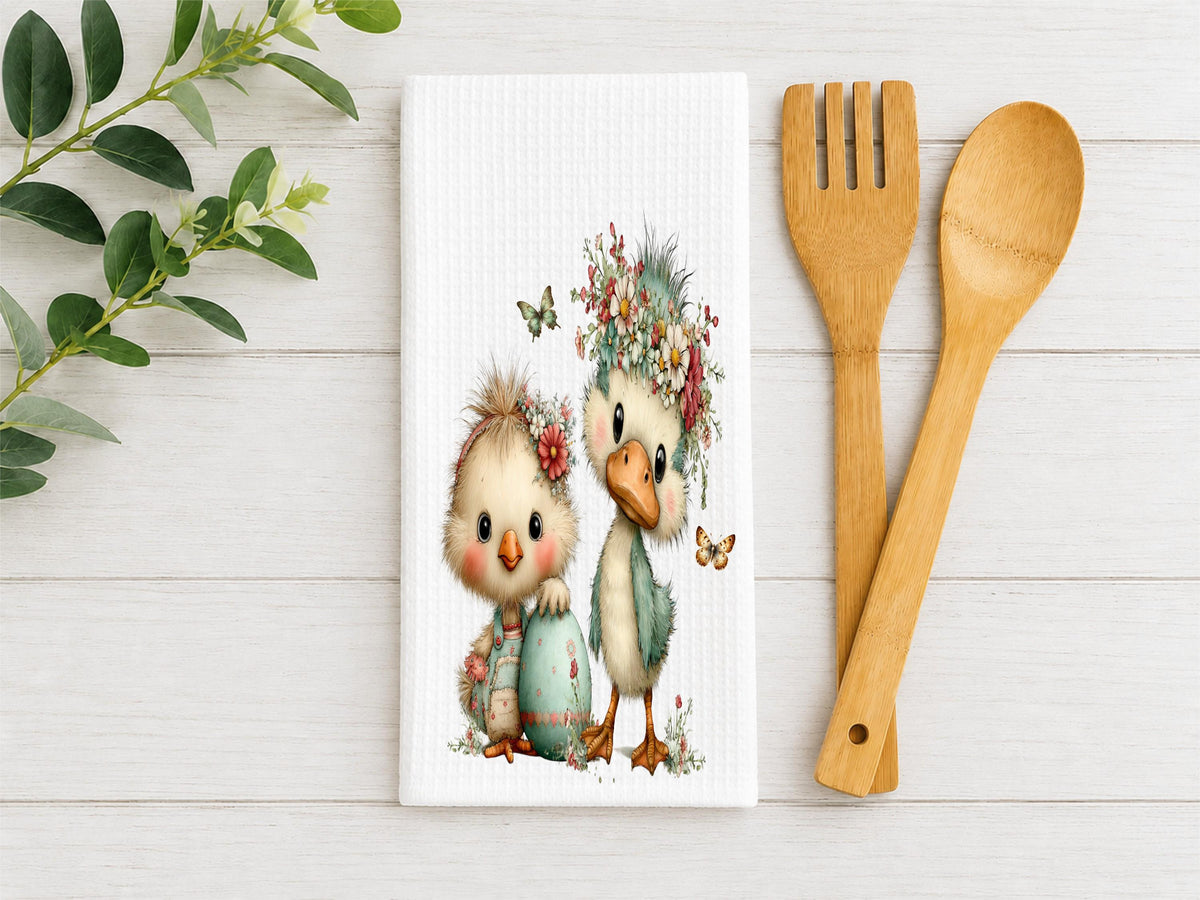 Cute Duck & Chick Waffle Kitchen Towel – Floral Farmhouse Microfiber Hand Towel