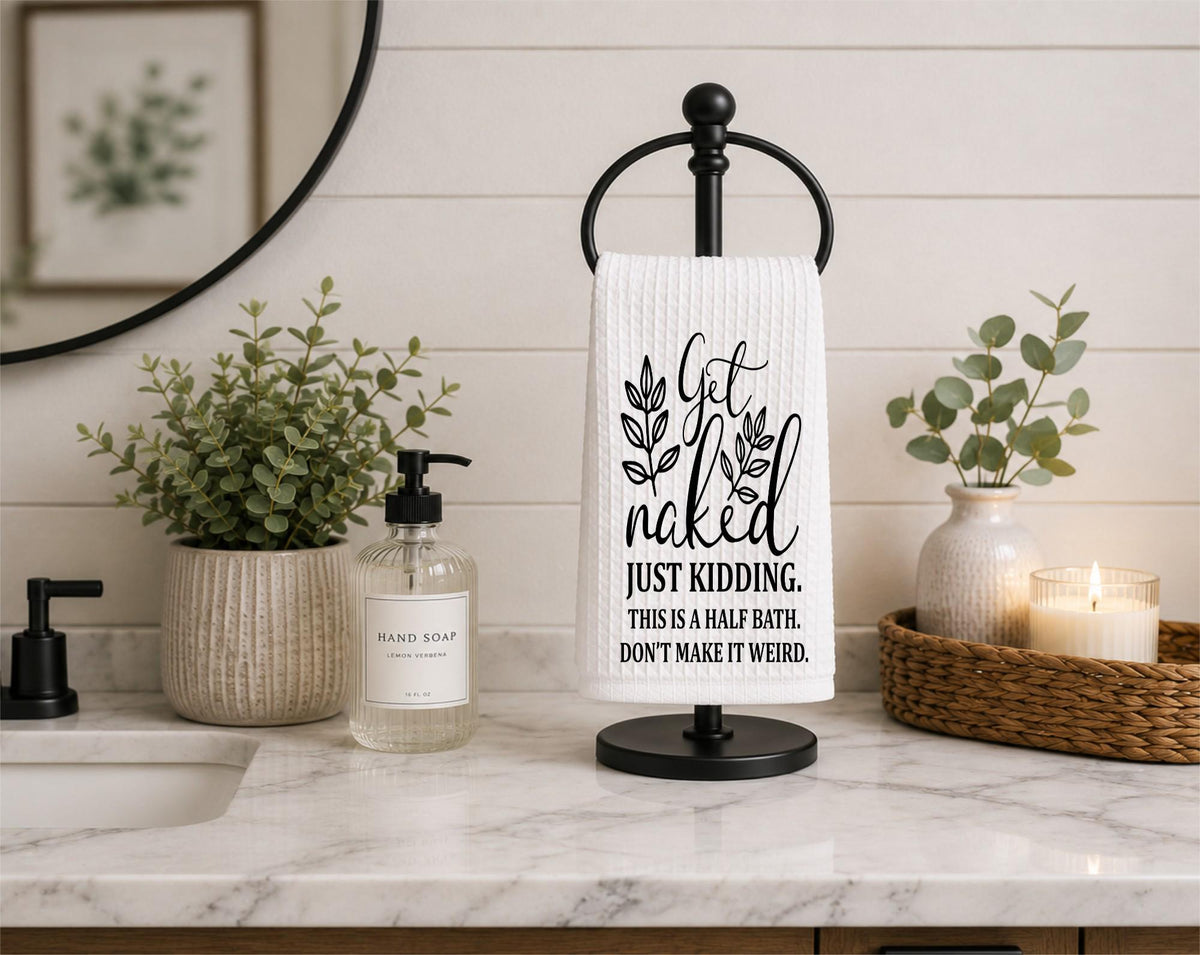 Funny 'Get Naked' Waffle Weave Hand Towel: Half Bath Decor