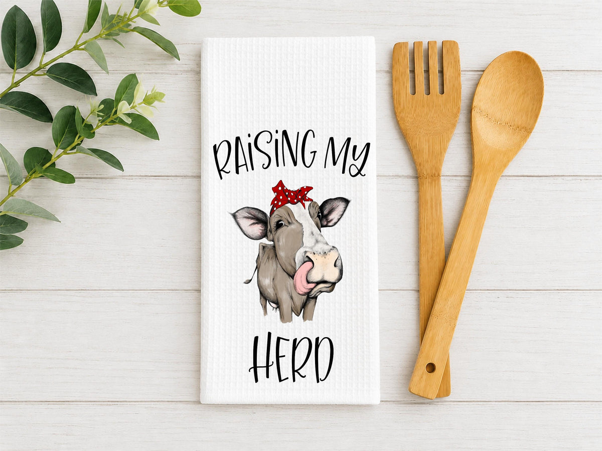 Raising My Herd Cow Waffle Kitchen Towel - Farmhouse Decor