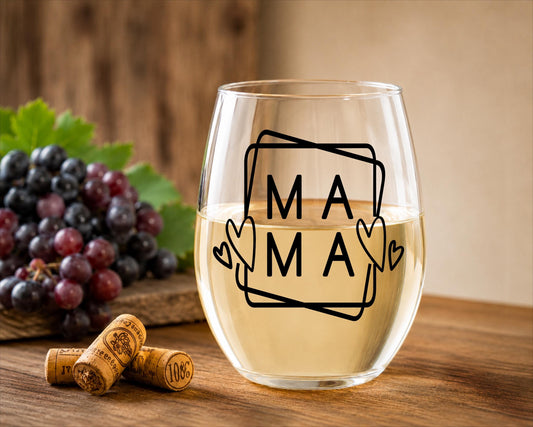 Mama Stemless Wine Glass, Modern Heart Design, Thoughtful Mom Gift