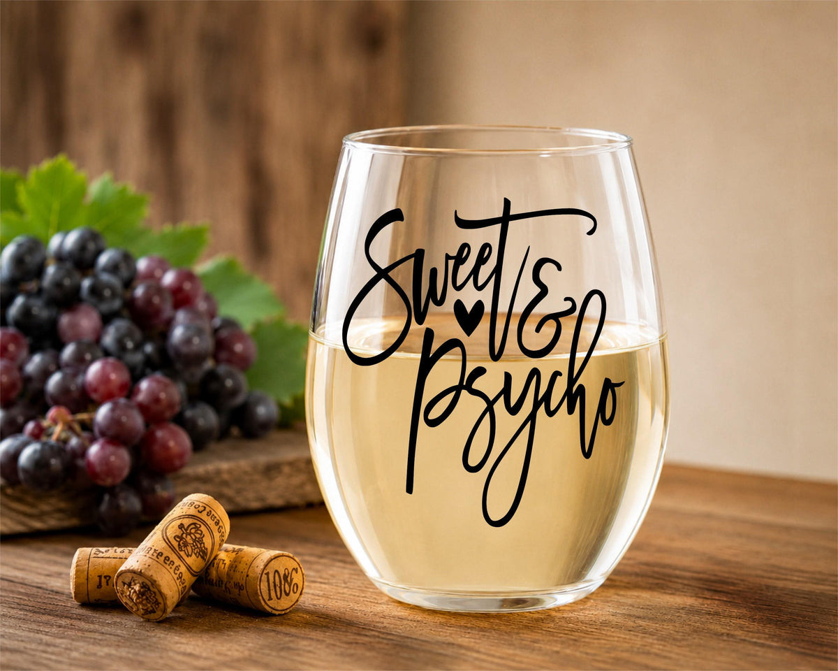 Sweet & Psycho Stemless Wine Glass, Funny Sarcastic Gift for Wine Lover