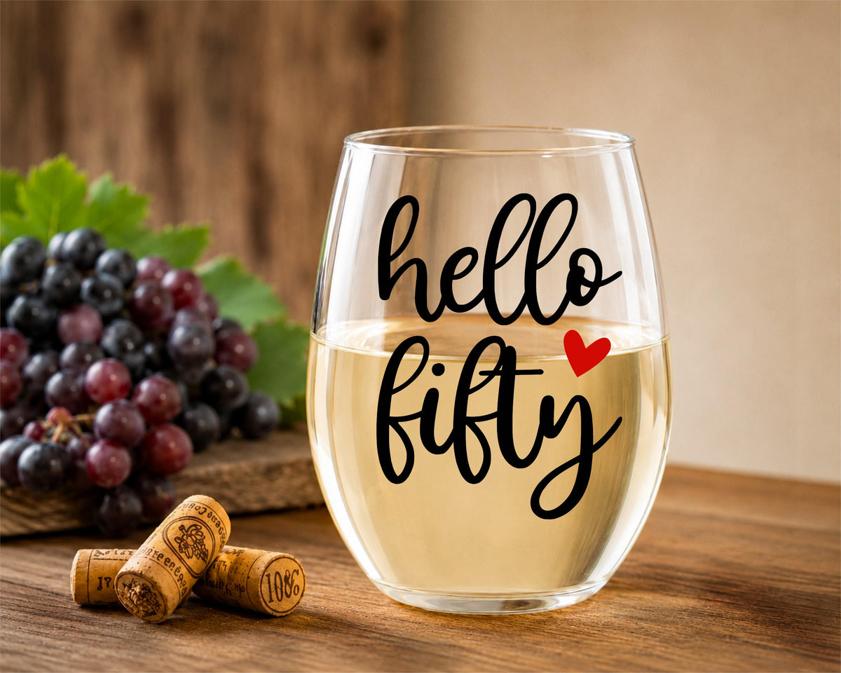 Hello Fifty Stemless Wine Glass - 50th Birthday Gift