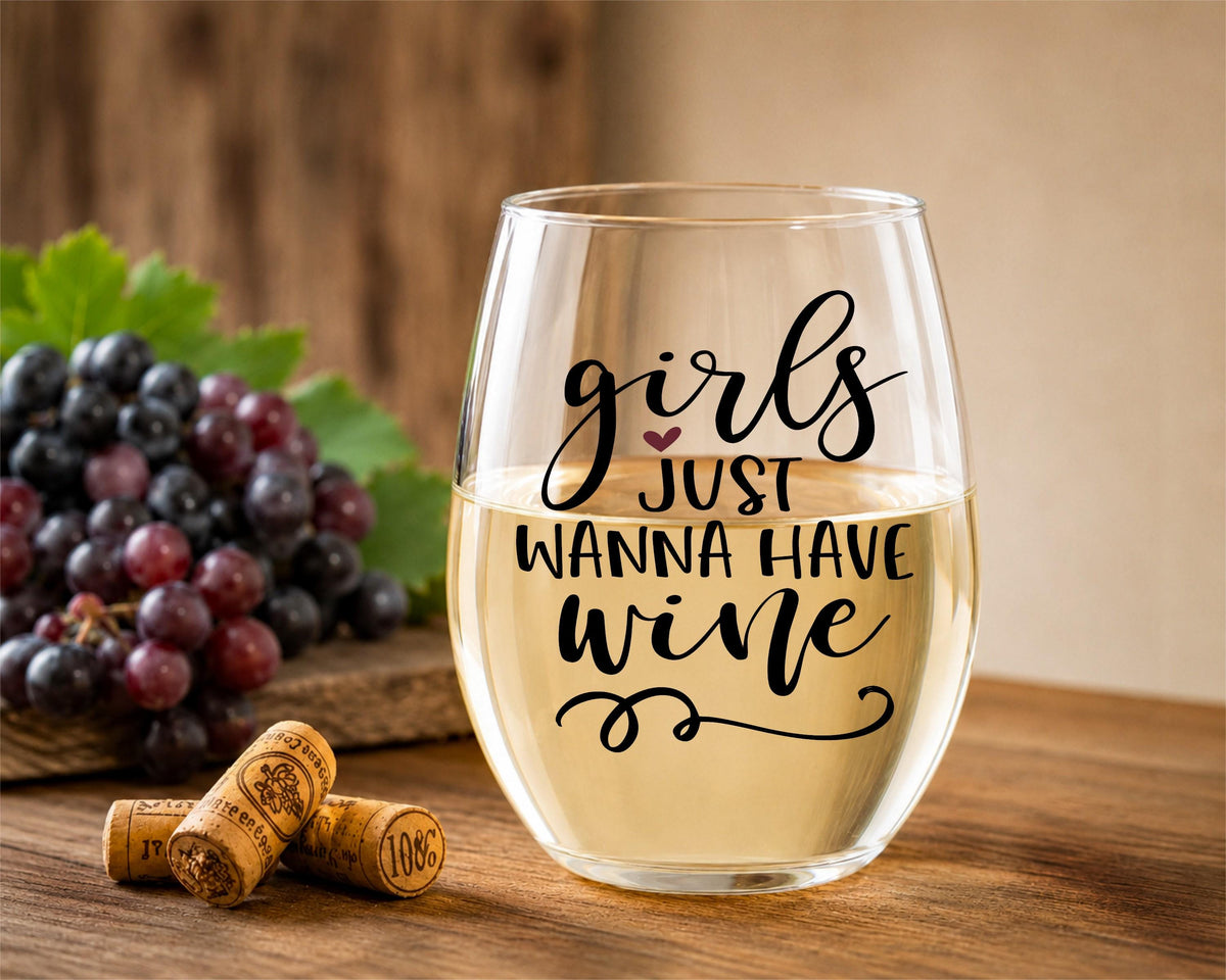 Girls Just Wanna Have Wine Stemless Glass | Funny Wine Lover Gift