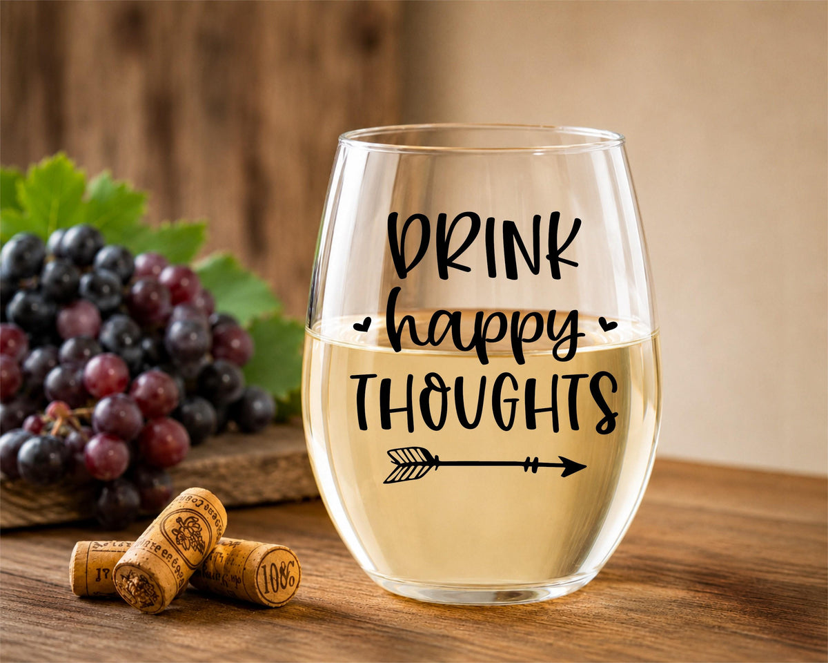 Drink Happy Thoughts Stemless Wine Glass | Funny Gift for Wine Lovers
