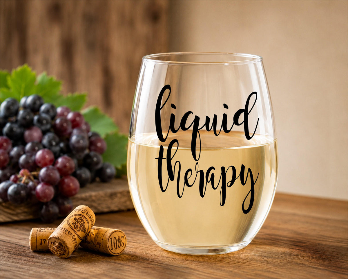 Liquid Therapy Stemless Wine Glass, Funny Hand-Lettered Drinkware