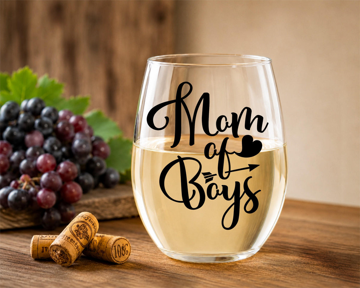 Mom of Boys Stemless Wine Glass, 20oz, Mother's Day Gift, Personalized Glass