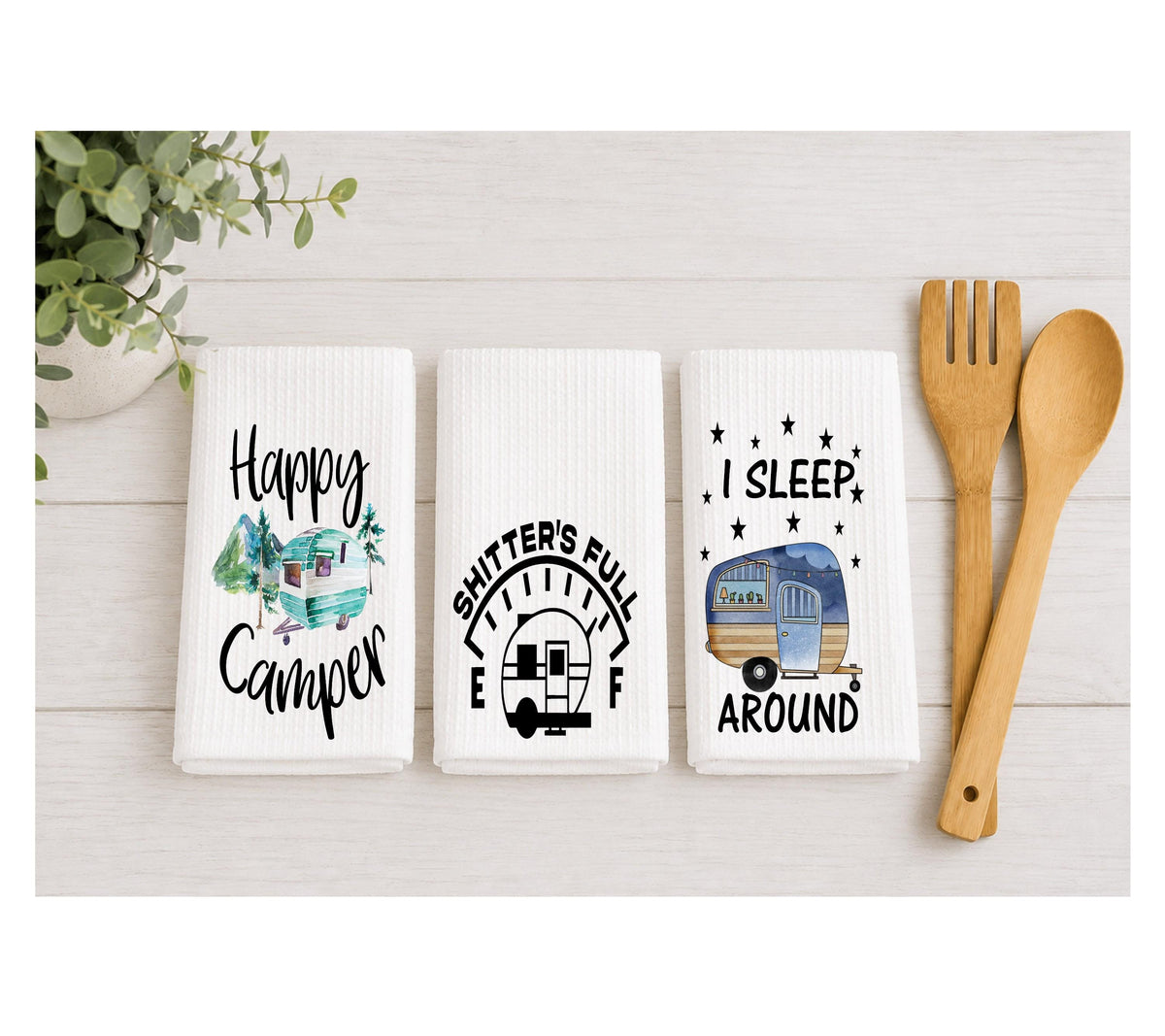 Funny Camping Kitchen Towels | Retro Camper Waffle Dish Towels