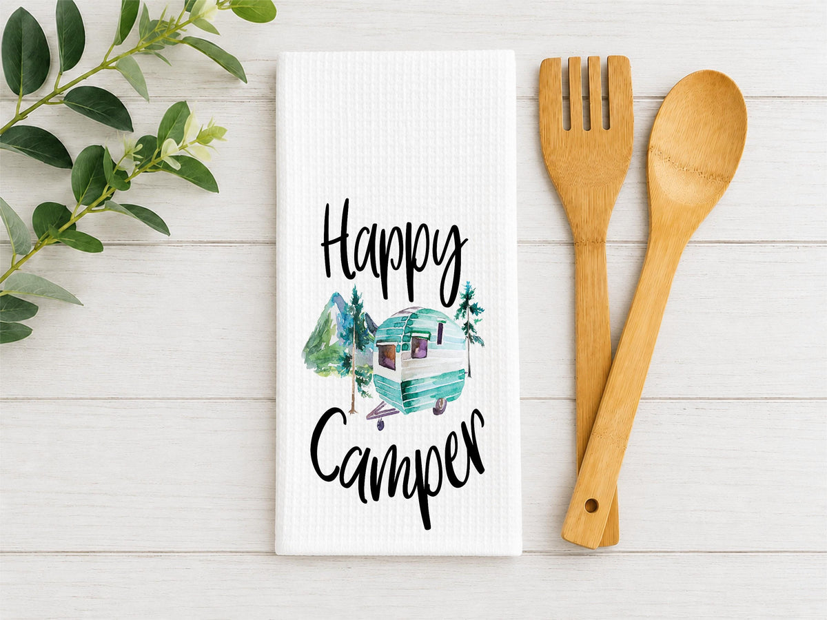 Funny Camping Kitchen Towels | Retro Camper Waffle Dish Towels