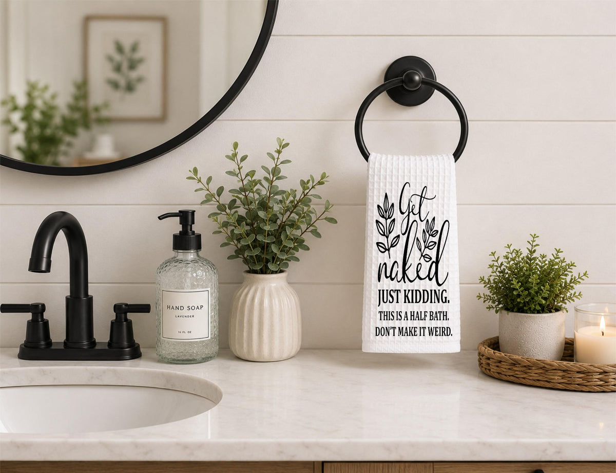 Funny 'Get Naked' Waffle Weave Hand Towel: Half Bath Decor