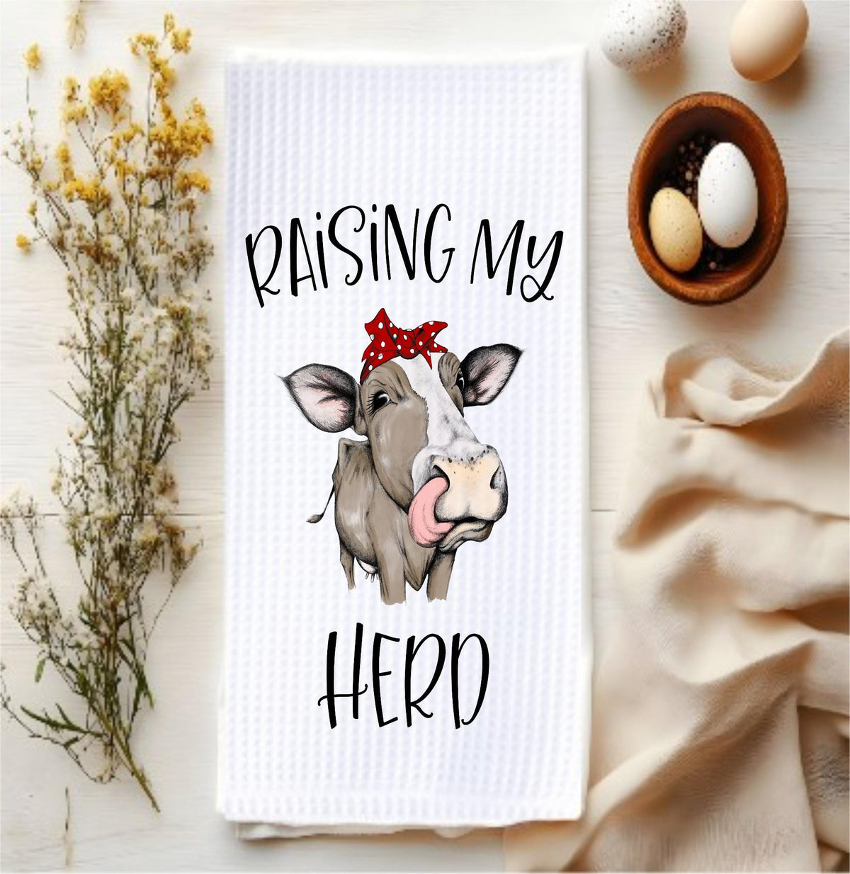 Raising My Herd Cow Waffle Kitchen Towel - Farmhouse Decor