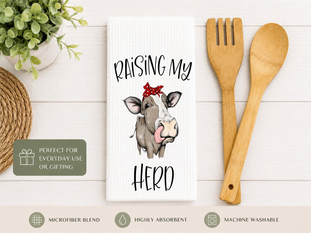 Raising My Herd Cow Waffle Kitchen Towel - Farmhouse Decor