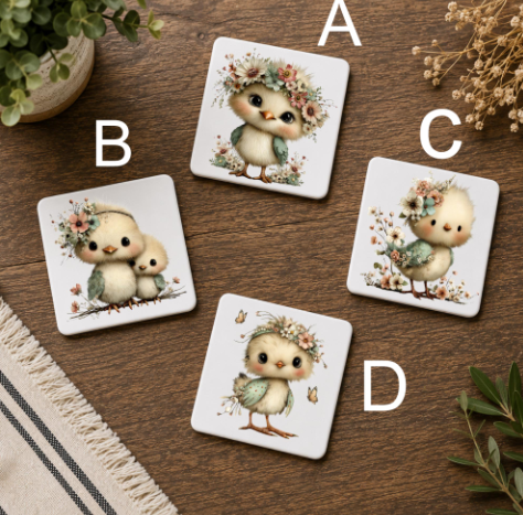 Cute Bird Coasters – Floral Drink Coasters, Set of 4 or Individual