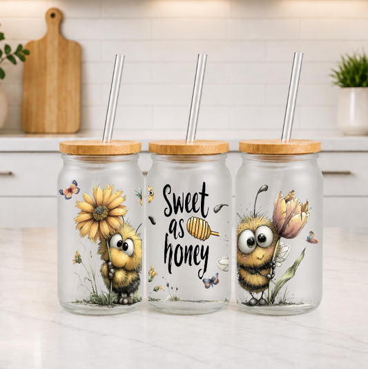 Sweet as Honey Bee 16 oz Glass Can – Bamboo Lid & Glass Straw