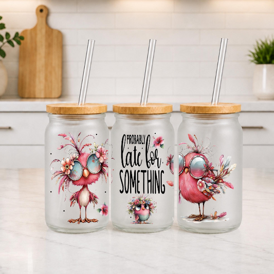Funny Frosted Glass Can with Bamboo Lid & Straw – Probably Late for Something Bird Cup