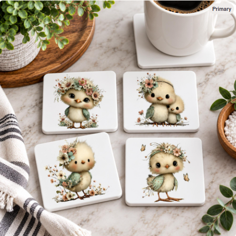 Cute Bird Coasters – Floral Drink Coasters, Set of 4 or Individual