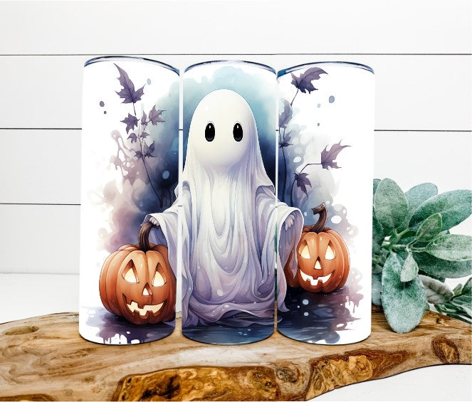 Halloween Ghost Tumbler – 20oz Skinny Stainless Steel Cup with Lid & Straw