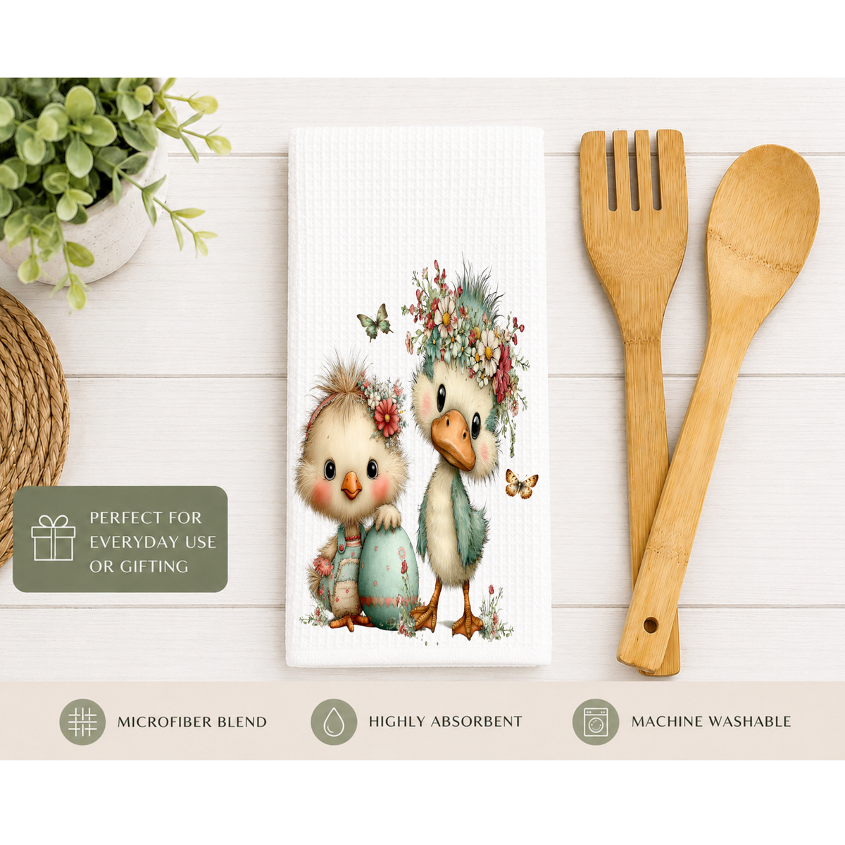 Cute Duck & Chick Waffle Kitchen Towel – Floral Farmhouse Microfiber Hand Towel